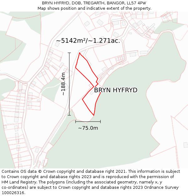 BRYN HYFRYD, DOB, TREGARTH, BANGOR, LL57 4PW: Plot and title map