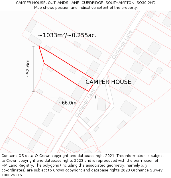 CAMPER HOUSE, OUTLANDS LANE, CURDRIDGE, SOUTHAMPTON, SO30 2HD: Plot and title map