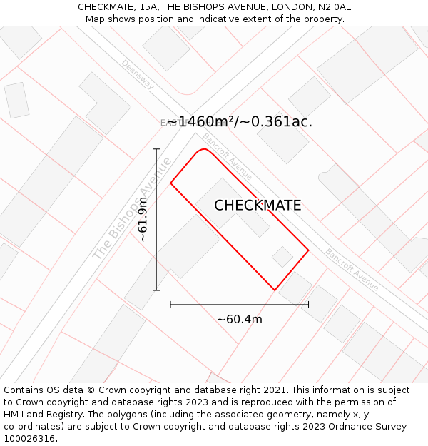 CHECKMATE, 15A, THE BISHOPS AVENUE, LONDON, N2 0AL: Plot and title map