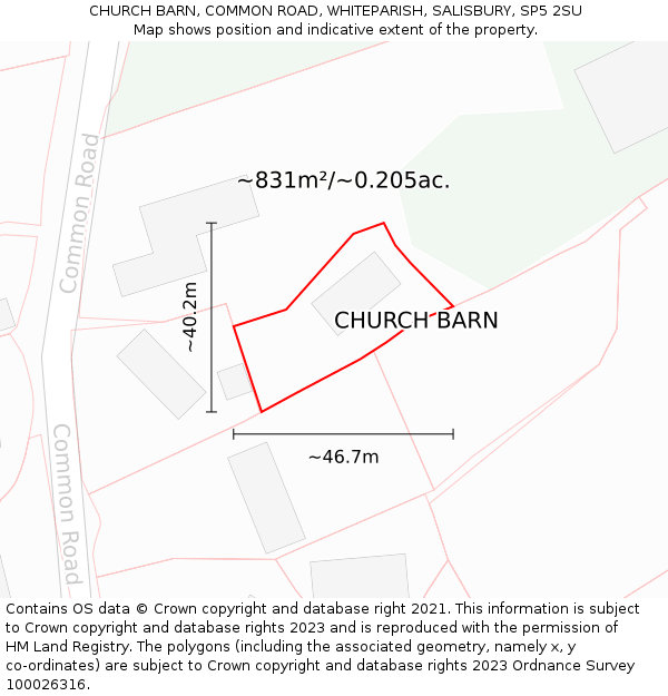 CHURCH BARN, COMMON ROAD, WHITEPARISH, SALISBURY, SP5 2SU: Plot and title map