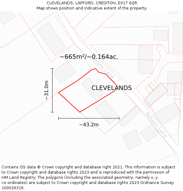 CLEVELANDS, LAPFORD, CREDITON, EX17 6QR: Plot and title map