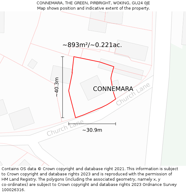 CONNEMARA, THE GREEN, PIRBRIGHT, WOKING, GU24 0JE: Plot and title map