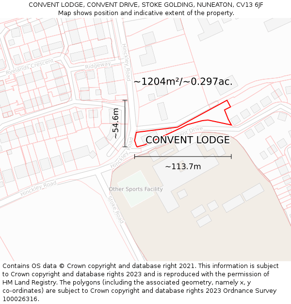 CONVENT LODGE, CONVENT DRIVE, STOKE GOLDING, NUNEATON, CV13 6JF: Plot and title map