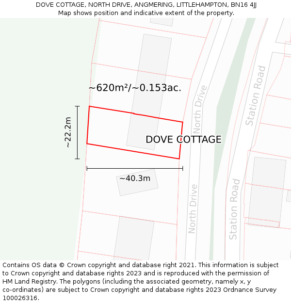 DOVE COTTAGE, NORTH DRIVE, ANGMERING, LITTLEHAMPTON, BN16 4JJ: Plot and title map