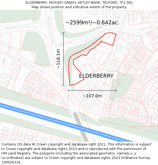 ELDERBERRY, MOSSEY GREEN, KETLEY BANK, TELFORD, TF2 0DL: Plot and title map