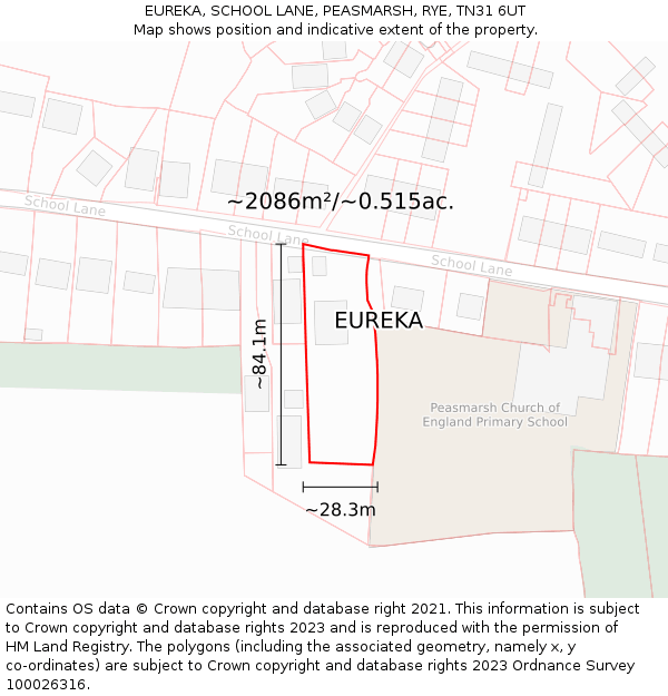 EUREKA, SCHOOL LANE, PEASMARSH, RYE, TN31 6UT: Plot and title map