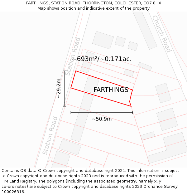 FARTHINGS, STATION ROAD, THORRINGTON, COLCHESTER, CO7 8HX: Plot and title map