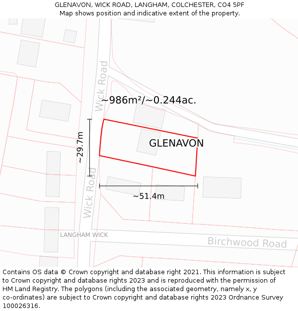 GLENAVON, WICK ROAD, LANGHAM, COLCHESTER, CO4 5PF: Plot and title map