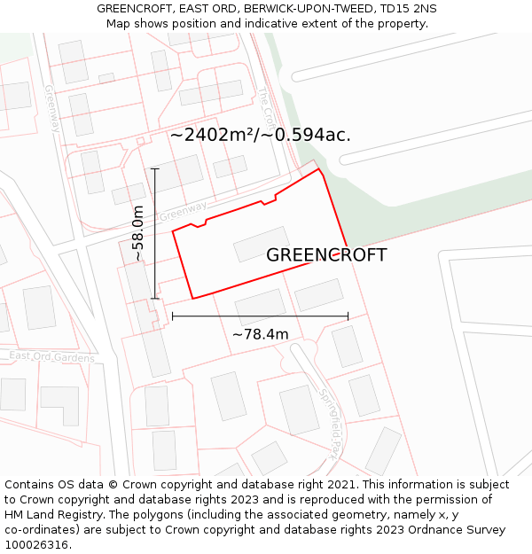 GREENCROFT, EAST ORD, BERWICK-UPON-TWEED, TD15 2NS: Plot and title map