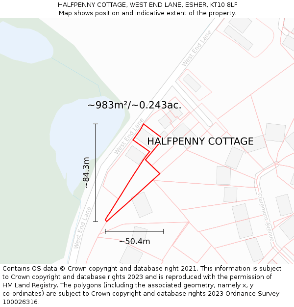 HALFPENNY COTTAGE, WEST END LANE, ESHER, KT10 8LF: Plot and title map