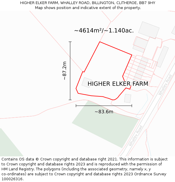 HIGHER ELKER FARM, WHALLEY ROAD, BILLINGTON, CLITHEROE, BB7 9HY: Plot and title map