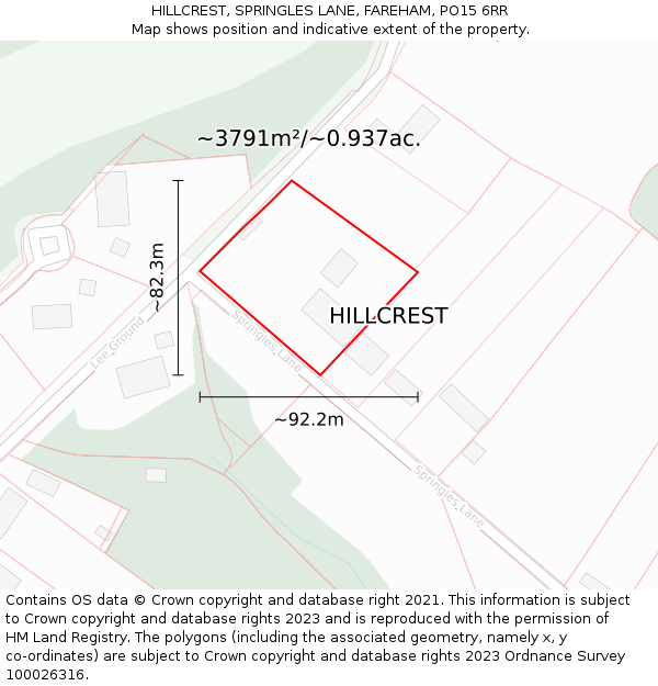 HILLCREST, SPRINGLES LANE, FAREHAM, PO15 6RR: Plot and title map