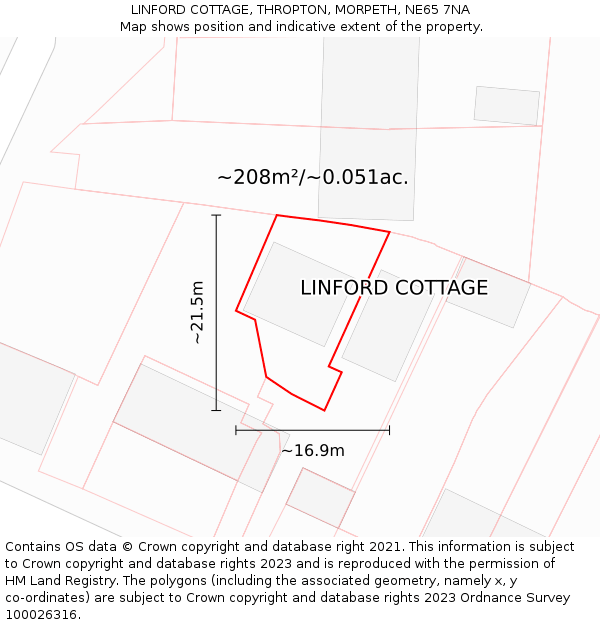 LINFORD COTTAGE, THROPTON, MORPETH, NE65 7NA: Plot and title map