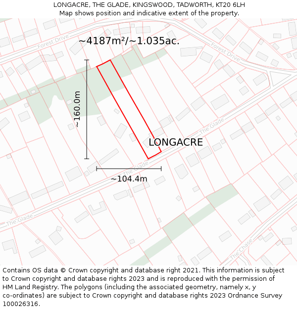 LONGACRE, THE GLADE, KINGSWOOD, TADWORTH, KT20 6LH: Plot and title map