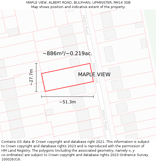 MAPLE VIEW, ALBERT ROAD, BULPHAN, UPMINSTER, RM14 3SB: Plot and title map