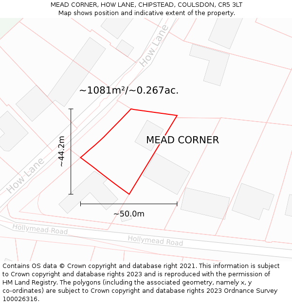 MEAD CORNER, HOW LANE, CHIPSTEAD, COULSDON, CR5 3LT: Plot and title map