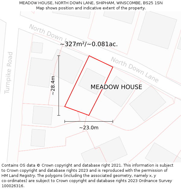 MEADOW HOUSE, NORTH DOWN LANE, SHIPHAM, WINSCOMBE, BS25 1SN: Plot and title map