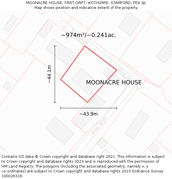 MOONACRE HOUSE, FIRST DRIFT, WOTHORPE, STAMFORD, PE9 3JL: Plot and title map