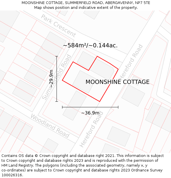 MOONSHINE COTTAGE, SUMMERFIELD ROAD, ABERGAVENNY, NP7 5TE: Plot and title map