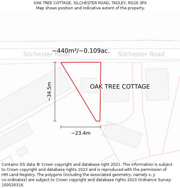 OAK TREE COTTAGE, SILCHESTER ROAD, TADLEY, RG26 3PX: Plot and title map