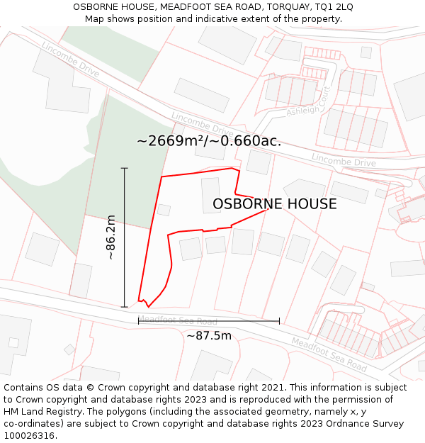 OSBORNE HOUSE, MEADFOOT SEA ROAD, TORQUAY, TQ1 2LQ: Plot and title map