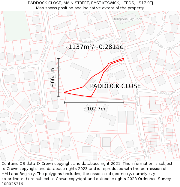 PADDOCK CLOSE, MAIN STREET, EAST KESWICK, LEEDS, LS17 9EJ: Plot and title map