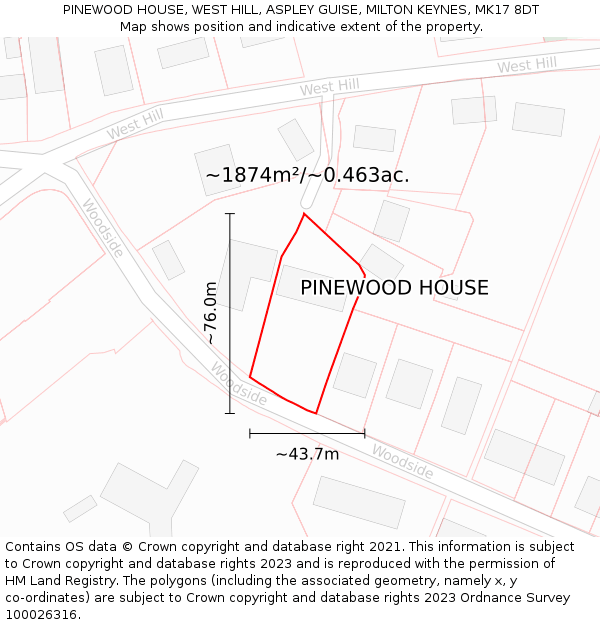 PINEWOOD HOUSE, WEST HILL, ASPLEY GUISE, MILTON KEYNES, MK17 8DT: Plot and title map