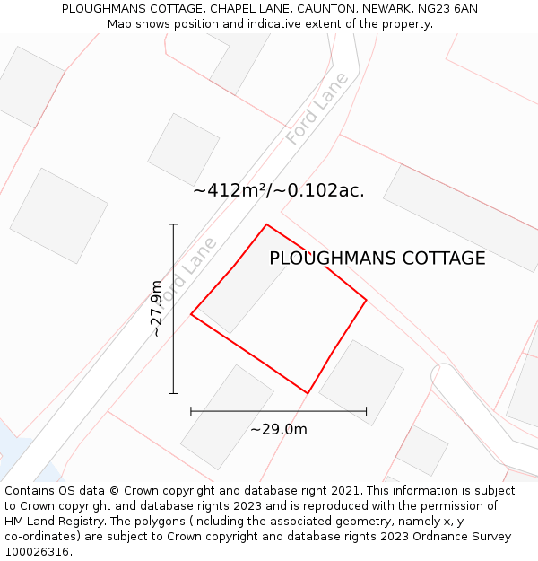 PLOUGHMANS COTTAGE, CHAPEL LANE, CAUNTON, NEWARK, NG23 6AN: Plot and title map