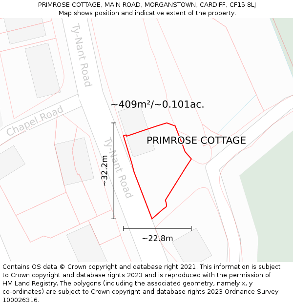 PRIMROSE COTTAGE, MAIN ROAD, MORGANSTOWN, CARDIFF, CF15 8LJ: Plot and title map