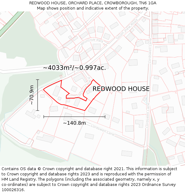 REDWOOD HOUSE, ORCHARD PLACE, CROWBOROUGH, TN6 1GA: Plot and title map