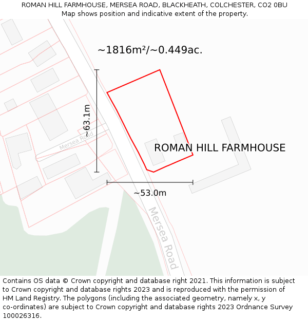 ROMAN HILL FARMHOUSE, MERSEA ROAD, BLACKHEATH, COLCHESTER, CO2 0BU: Plot and title map