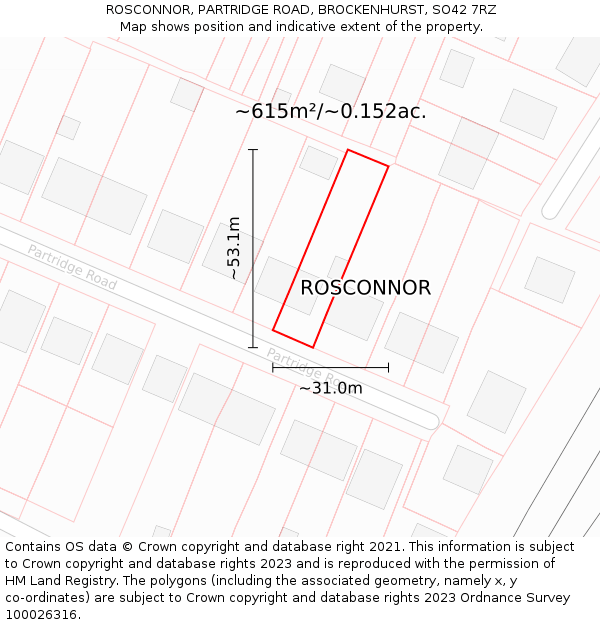 ROSCONNOR, PARTRIDGE ROAD, BROCKENHURST, SO42 7RZ: Plot and title map