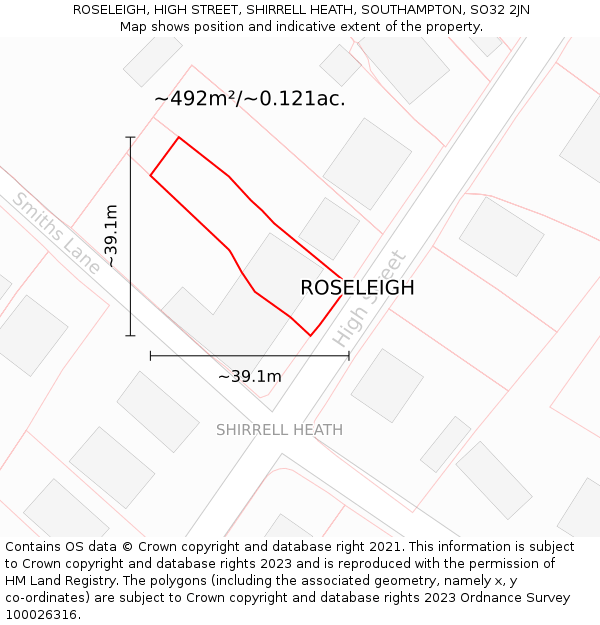 ROSELEIGH, HIGH STREET, SHIRRELL HEATH, SOUTHAMPTON, SO32 2JN: Plot and title map