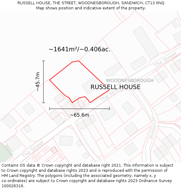 RUSSELL HOUSE, THE STREET, WOODNESBOROUGH, SANDWICH, CT13 0NQ: Plot and title map