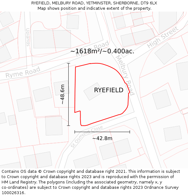 RYEFIELD, MELBURY ROAD, YETMINSTER, SHERBORNE, DT9 6LX: Plot and title map