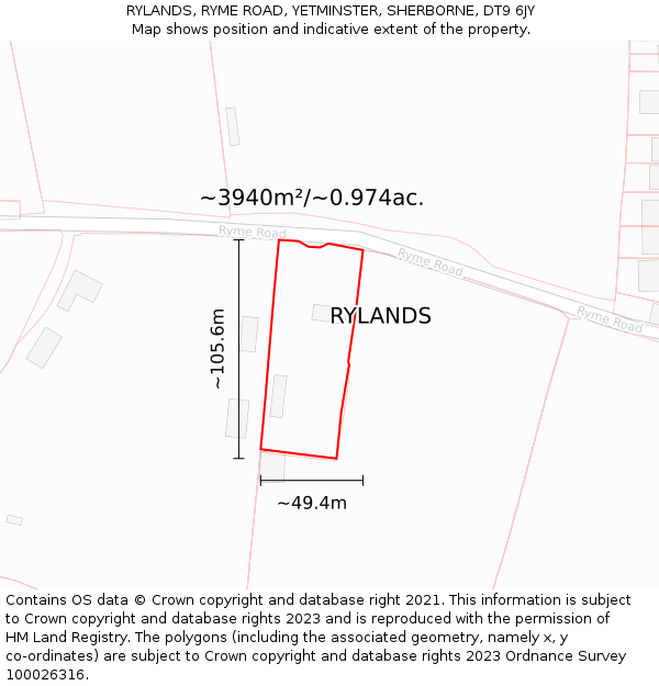 RYLANDS, RYME ROAD, YETMINSTER, SHERBORNE, DT9 6JY: Plot and title map