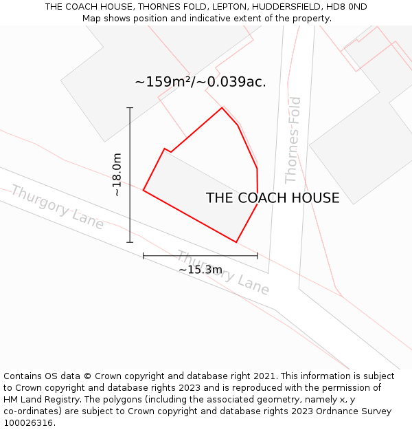 THE COACH HOUSE, THORNES FOLD, LEPTON, HUDDERSFIELD, HD8 0ND: Plot and title map