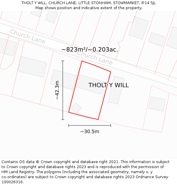 THOLT Y WILL, CHURCH LANE, LITTLE STONHAM, STOWMARKET, IP14 5JL: Plot and title map