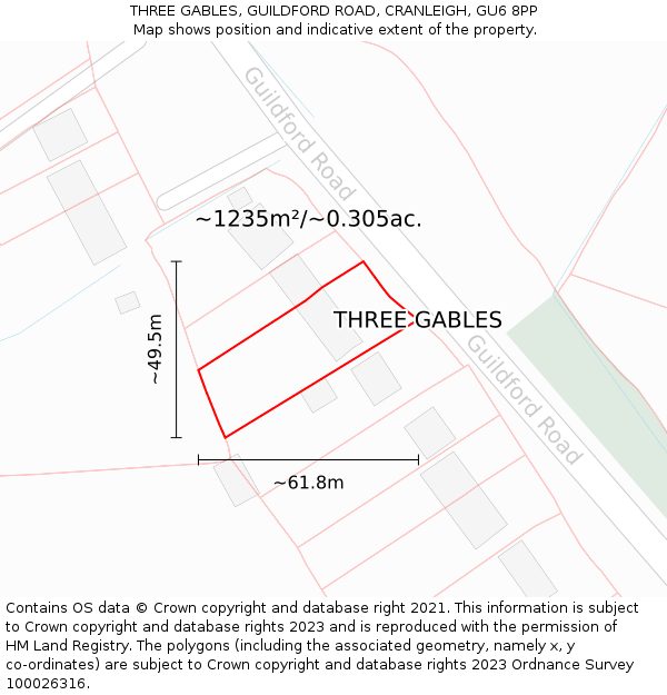 THREE GABLES, GUILDFORD ROAD, CRANLEIGH, GU6 8PP: Plot and title map