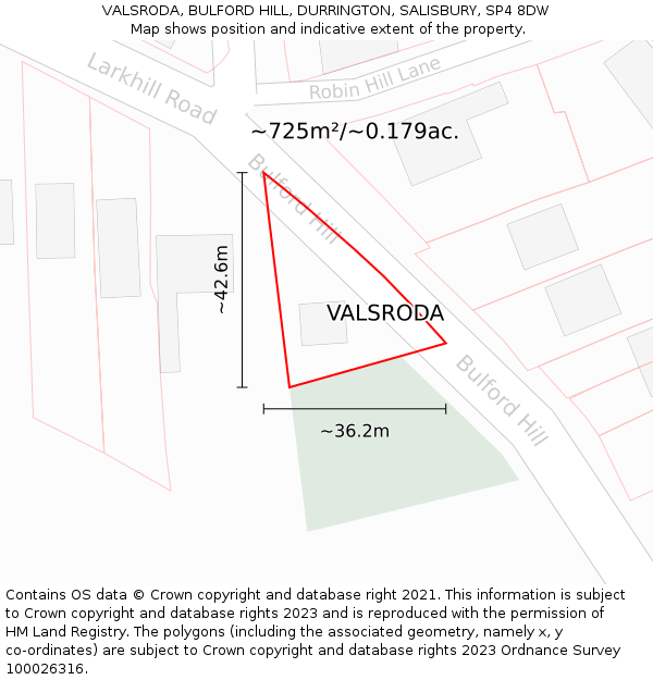 VALSRODA, BULFORD HILL, DURRINGTON, SALISBURY, SP4 8DW: Plot and title map