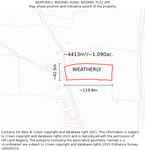 WEATHERLY, BODINIEL ROAD, BODMIN, PL31 2PE: Plot and title map