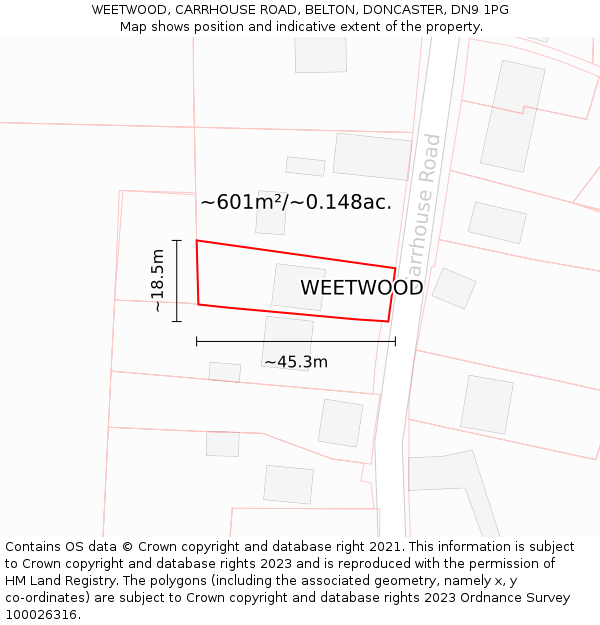 WEETWOOD, CARRHOUSE ROAD, BELTON, DONCASTER, DN9 1PG: Plot and title map