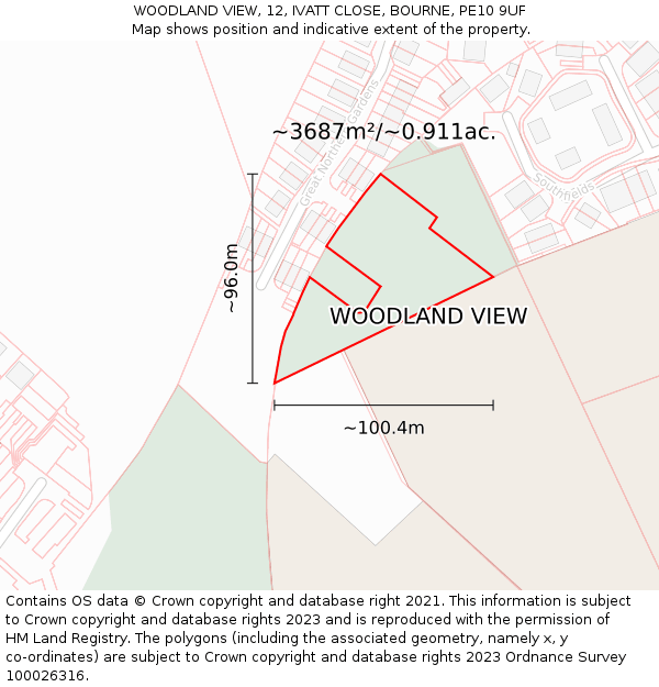 WOODLAND VIEW, 12, IVATT CLOSE, BOURNE, PE10 9UF: Plot and title map