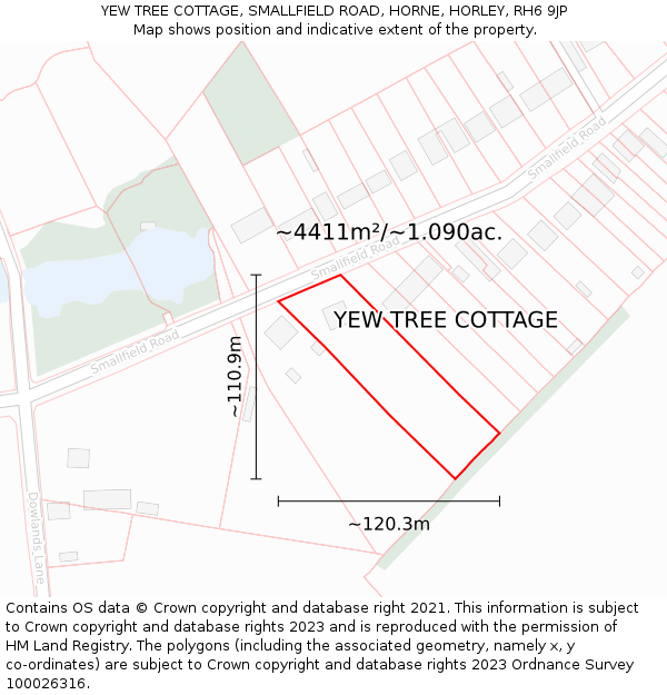 YEW TREE COTTAGE, SMALLFIELD ROAD, HORNE, HORLEY, RH6 9JP: Plot and title map